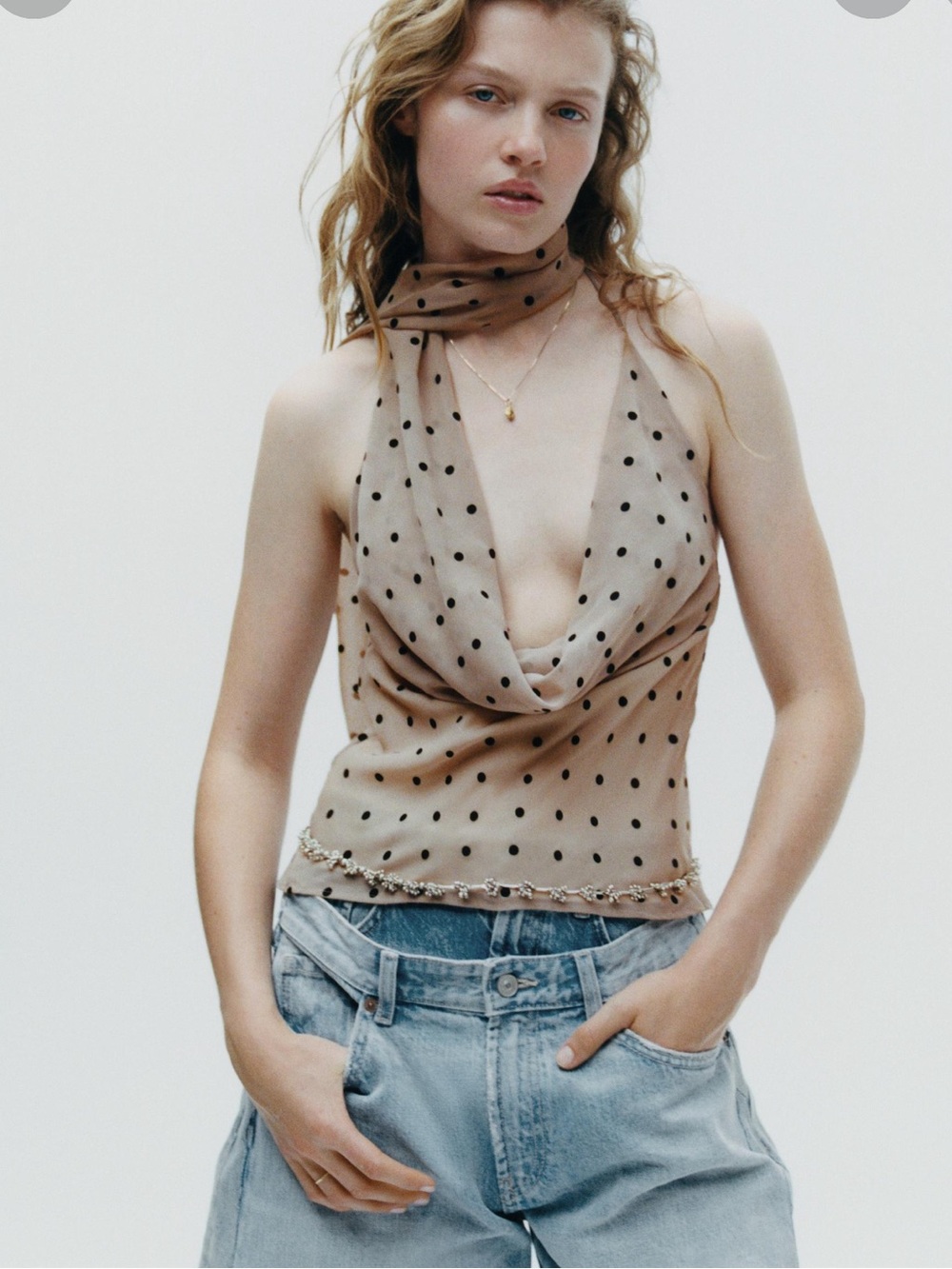 Zara Taupe Polka Dot Halter Scarf Top